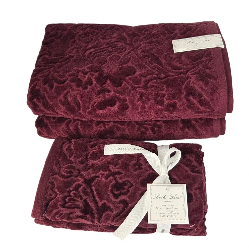Bella Lux 4pc Turkish Cotton Velour Towel Set Merlot Floral Embossed 2Bath 2Hand